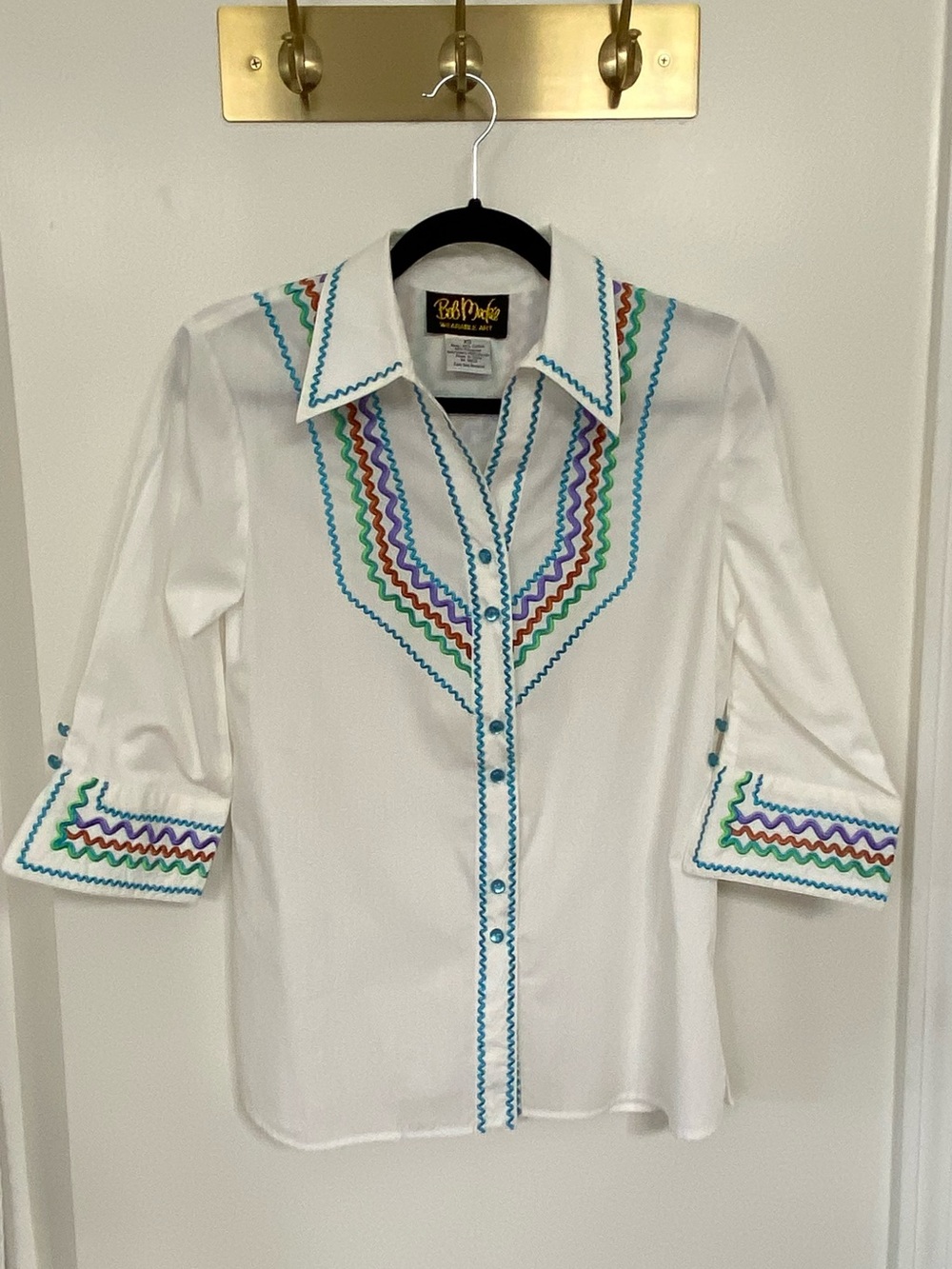 Bob Mackie Wearable Art White Embroidered Western Shirt XS Multicolor Ric Rac